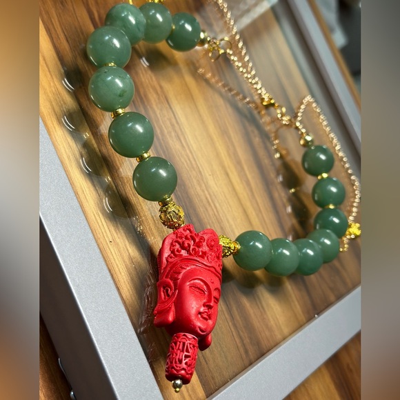 JADE AVENTURINE + CINNABAR BUDDAS HEAD NATURAL STONES CHOKER NECKLACE - Picture 8 of 9